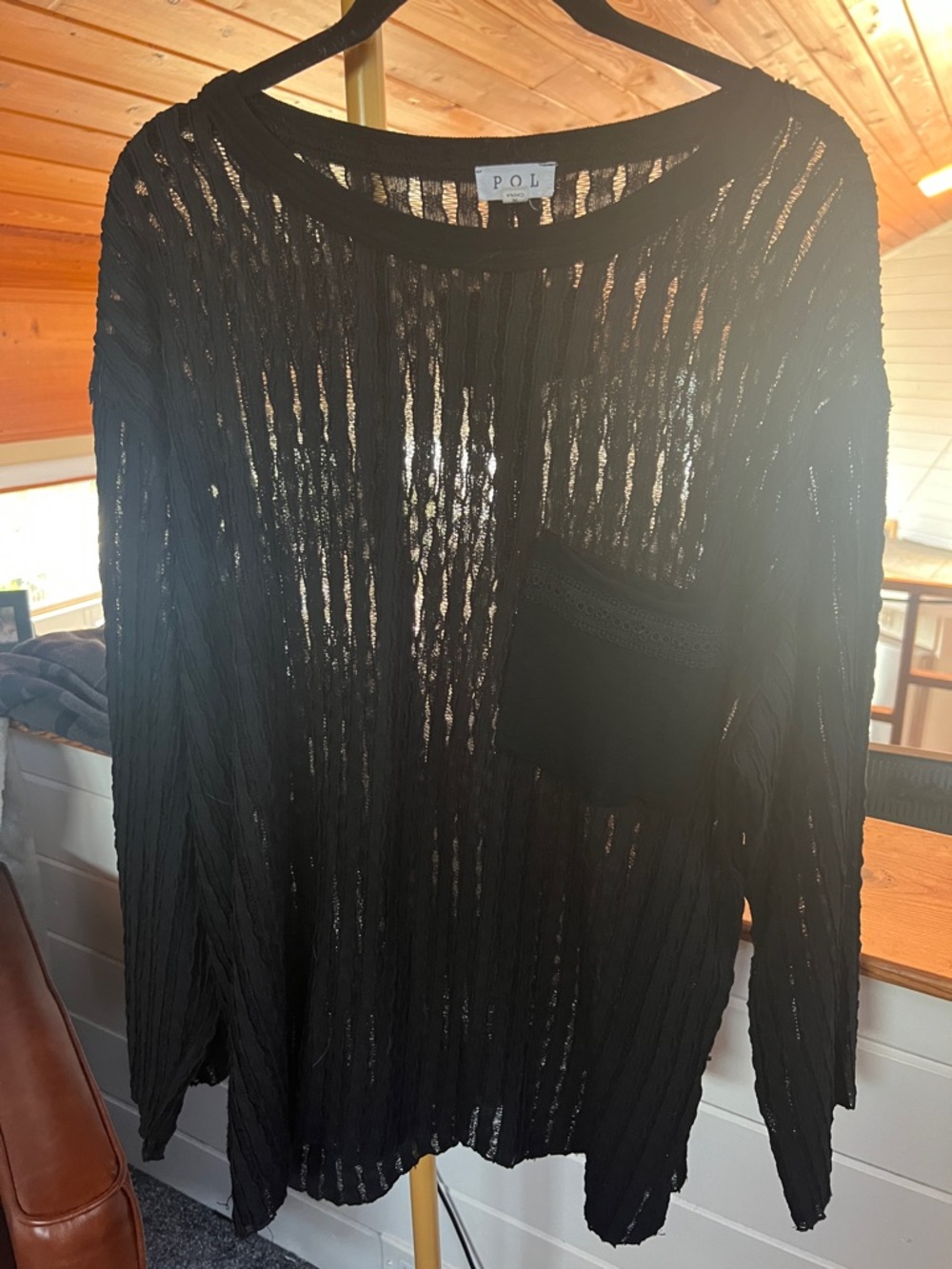 POL Black Openwork Knit Long Sleeve tunic length Top